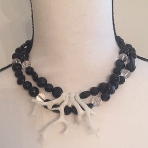 Hand Strung Black and Clear Glass Beads Necklace with Faux Coral Enhancer 16 in